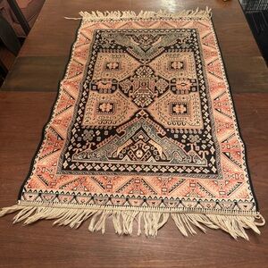 Vintage 70s Black and Orange Oriental Turkish Afghan Rug